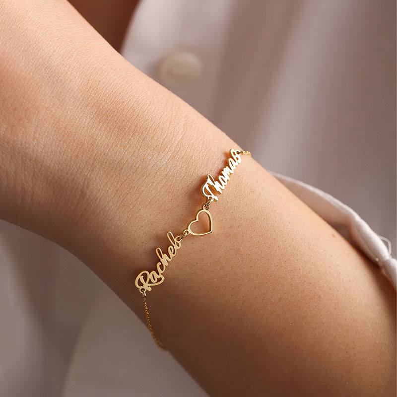 Bracelet personnalisé avec double nom et coeur pour la personne préférée, Bracelet Femme Personnalisable Bijou Fantaisie