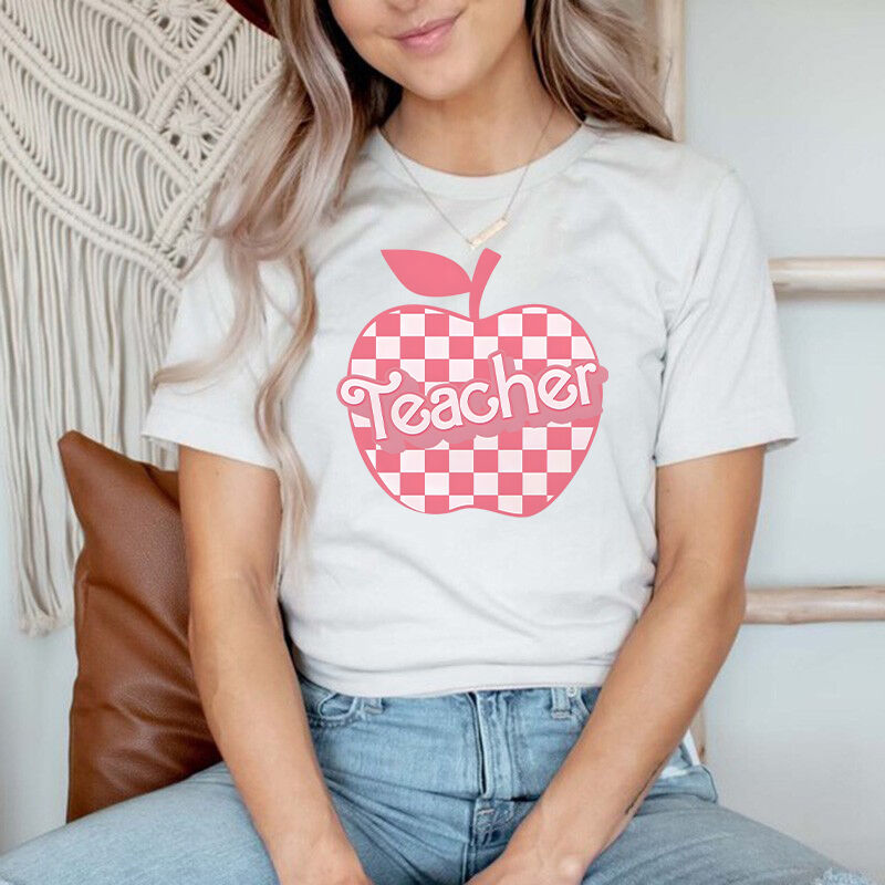 T-shirt personalizzata con disegno a scacchi rosa mela Insegnante Regalo di ritorno a scuola
