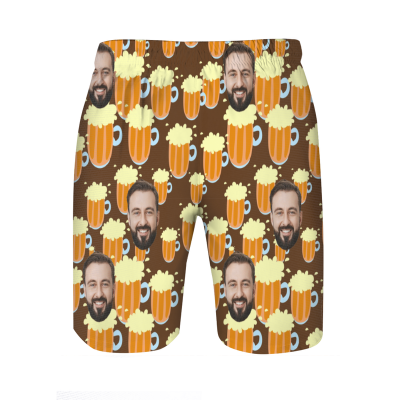 Personalized Picture Men's Beach Shorts with Beers Pattern Stylish Present for Daddy