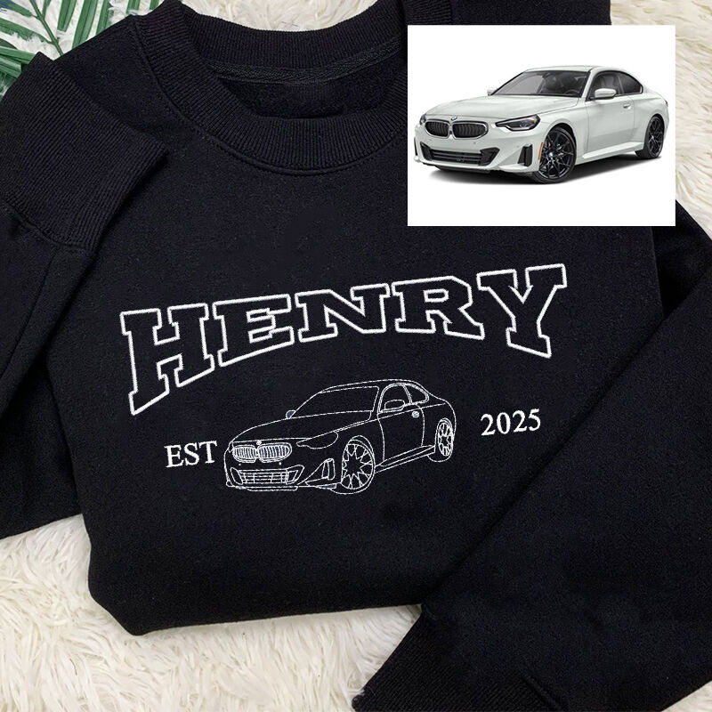 Personalized Sweatshirt Embroidered Car Photo Line Design Custom Name Attractive Gift for Car Lovers