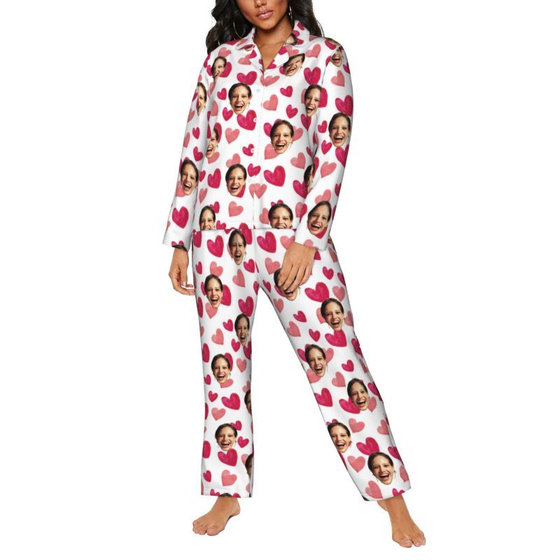 Personalized Pajamas Custom Photo Pink Love Heart Style Design Vibrant Cute Gift for Her Family