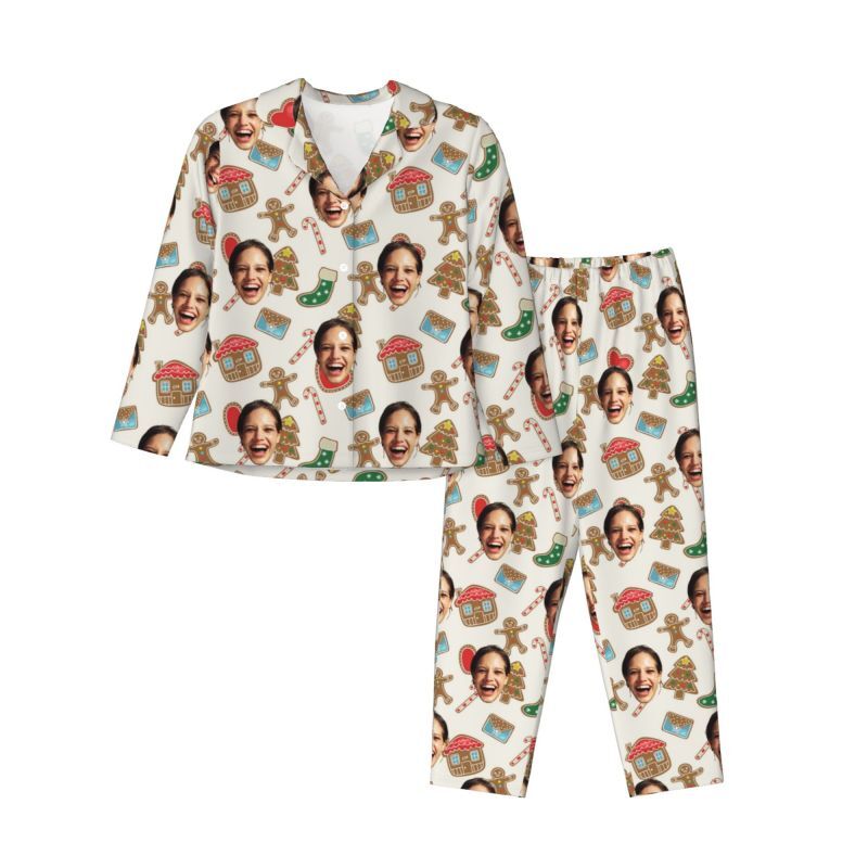 Personalized Pajamas Custom Photo Lovely Gingerbread Man Cottage Pattern Design Christmas Gift for Her