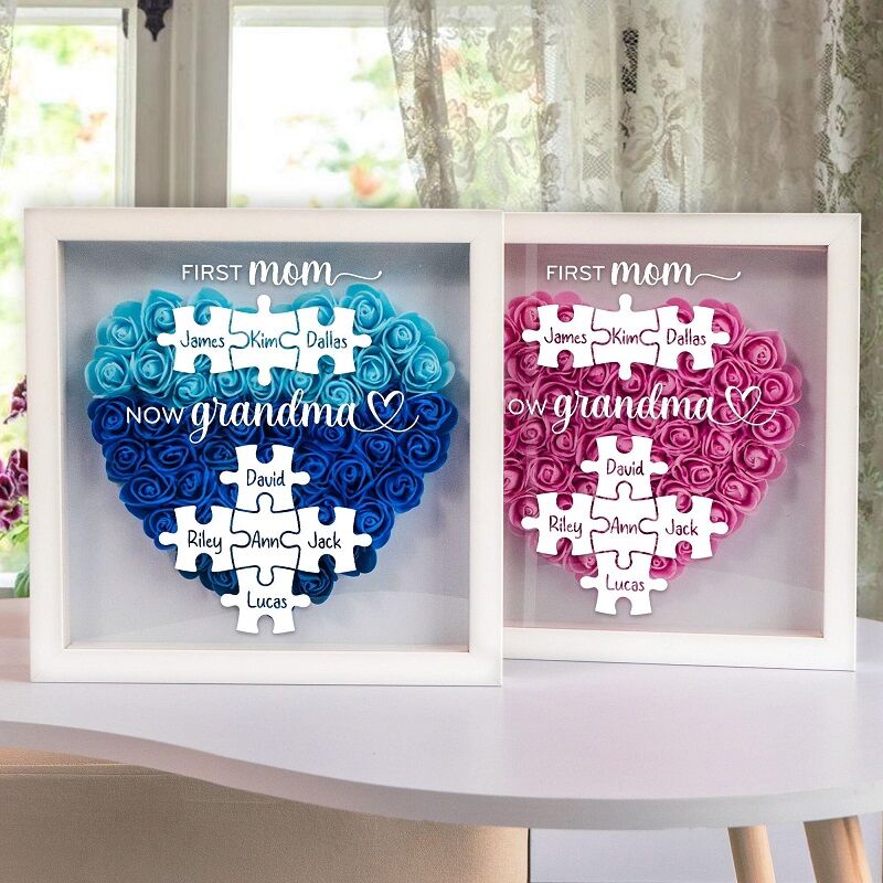 Personalized Flower Shadow Box First Mom Now Grandma Custom Name Puzzle Unique Mother's Day Gift