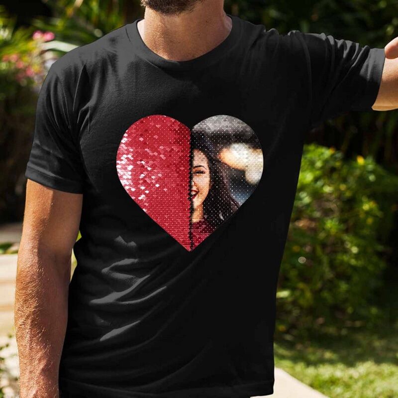 Personalized T-shirt Heart Shaped Sequin with Custom Photo Design Creative Gift for Couples