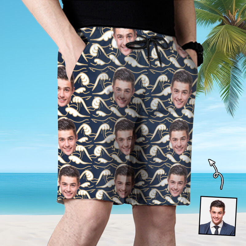 Personalized Picture Men's Beach Shorts with Waves Pattern Simple Gift for Family