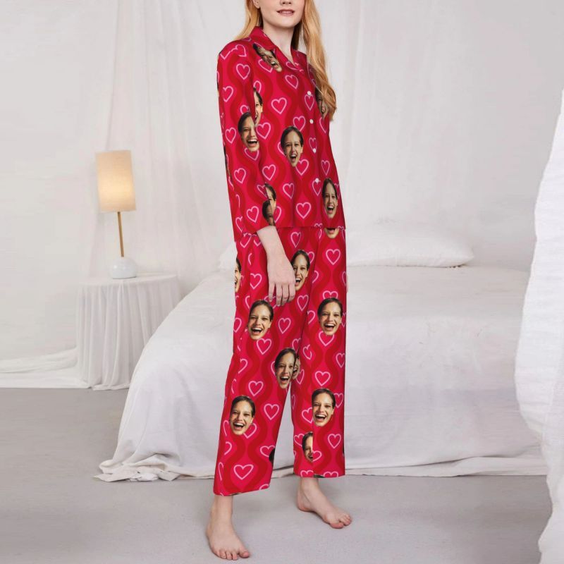 Personalized Pajamas Custom Photo Red Shining Love Heart Pattern Design Attractive Gift for Her