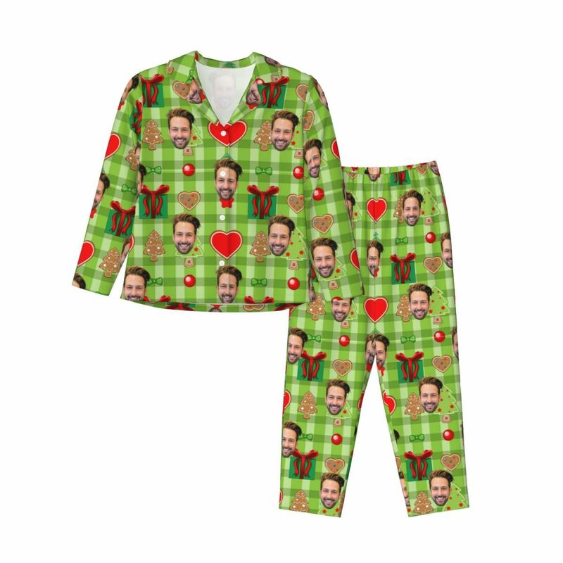 Pyjama personnalisé Photo personnalisée Élément de Noël Icônes Motif de style vert Cadeau pour la famille