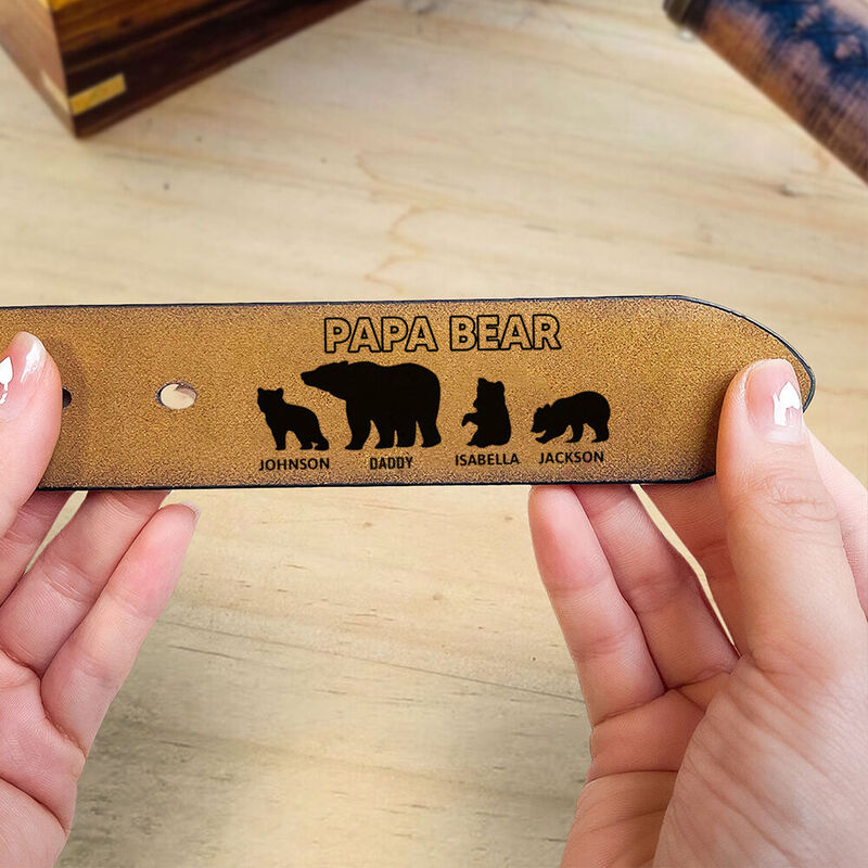 Cinturón de cuero grabado personalizado "Papa Bear Family" Regalo único para papá o abuelo