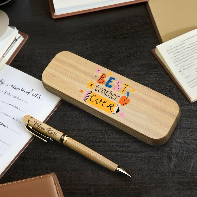 Personalized Pen Wooden Box Best Teacher Ever Apple Pencil Funny Design Gift for Teachers