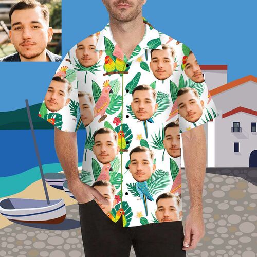 Magliette Personalizzate con Stampa Volto Stile Hawaiano Fiori Uccelli Foglie per Uomo