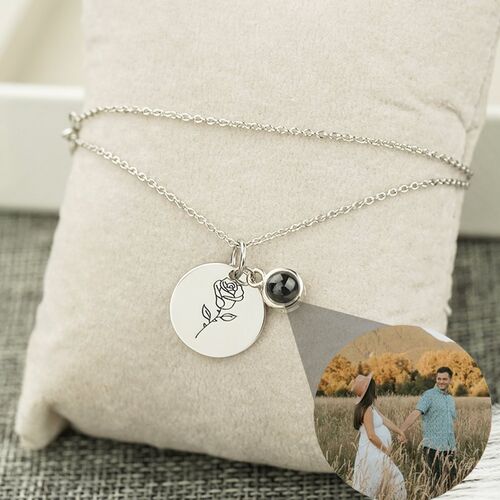 Personalized Photo Projection Necklace-Custom Birth Flower Pendant