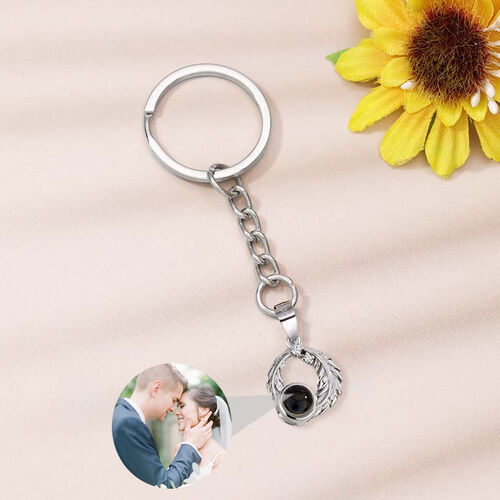 Sterling Silver Personalized Ear Round Photo Projection Keychain with Diamonds