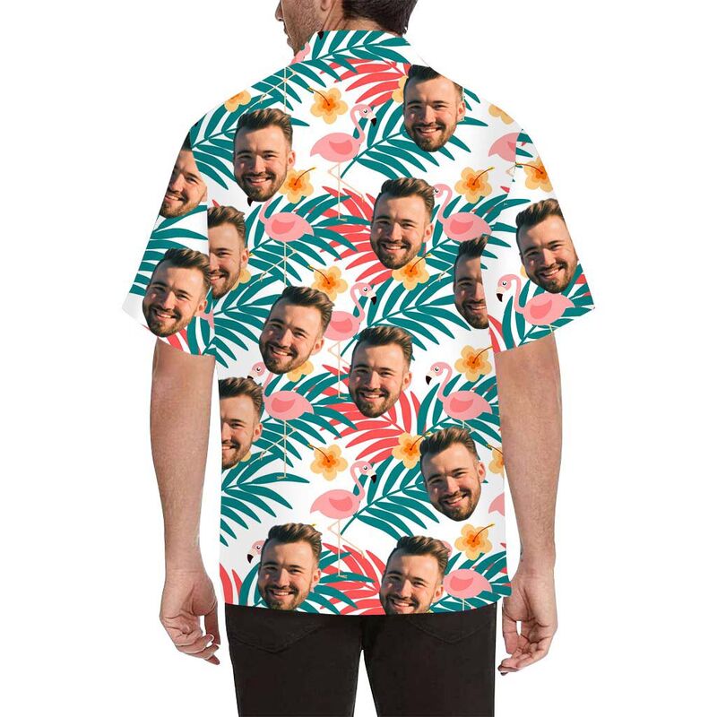 Chemise hawaïenne à impression intégrale pour hommes, avec visage personnalisé, feuilles, fleurs et flamants roses