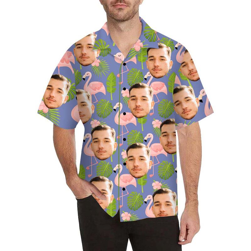 Chemise hawaïenne pour homme à impression intégrale, visage personnalisé, flamant rose et feuilles