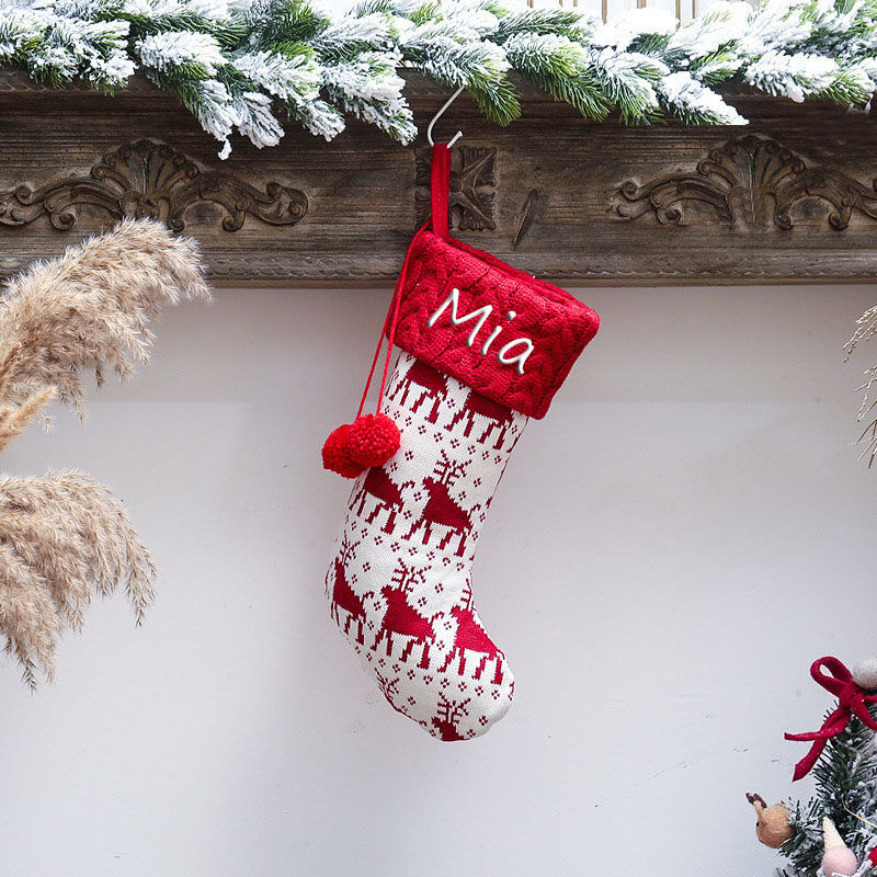 Calcetín navideño chimenea personalizado de alce blanco de punto