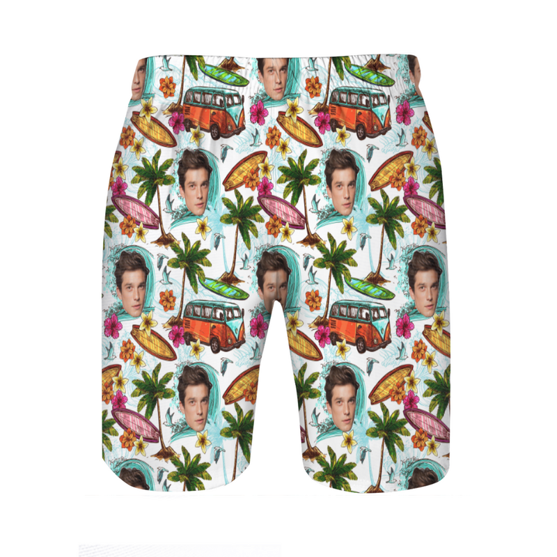 Personalized Picture Men's Beach Shorts with Tour Bus Pattern Best Gift for Friend