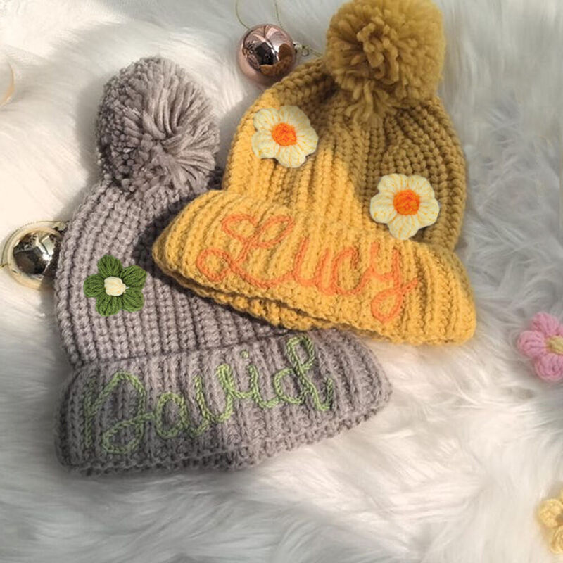 Personalized Baby Beanie Hat with 2 Woolen Flowers Baby Gift for Birthday