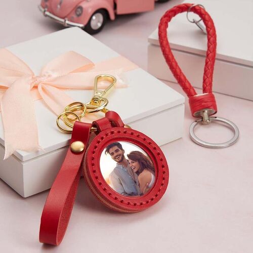 "Romantic Couple" Custom Photo Keychain With Red Leather