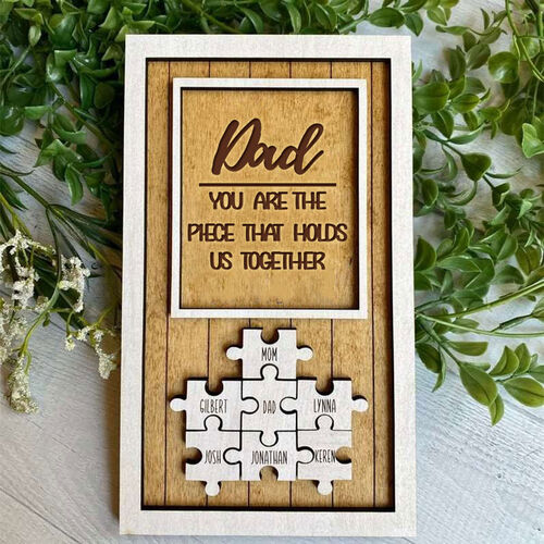 "You Are The Piece That Holds Us Together" Personalized Puzzles Pieces Name Brown Frame Gift For Dad