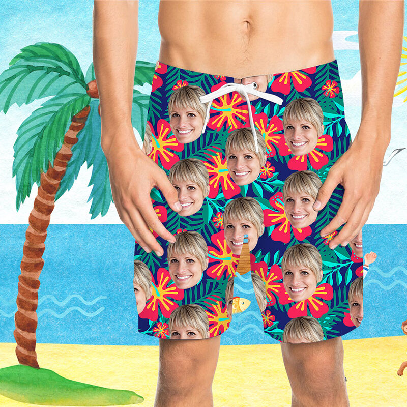 Custom Face Pretty Green Leaves and Red Petals Men's Beach Shorts