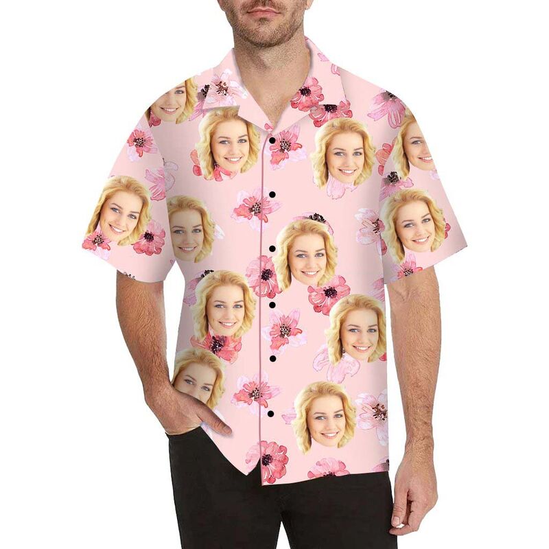 Custom Face Pink Flowers Men's All Over Print Hawaiian Shirt