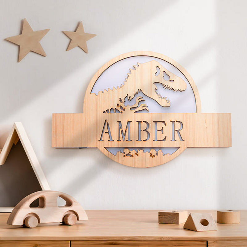 Luz de pared personalizada de madera con nombre de dinosaurio para hijos