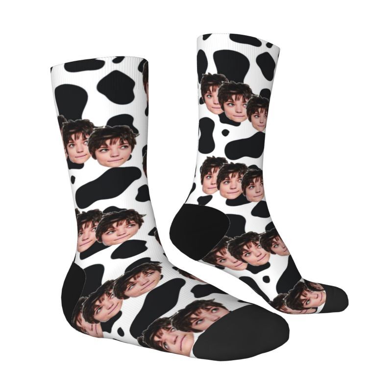 Aangepaste sokken met koeienpatroon en grappige driegezichtsfoto's