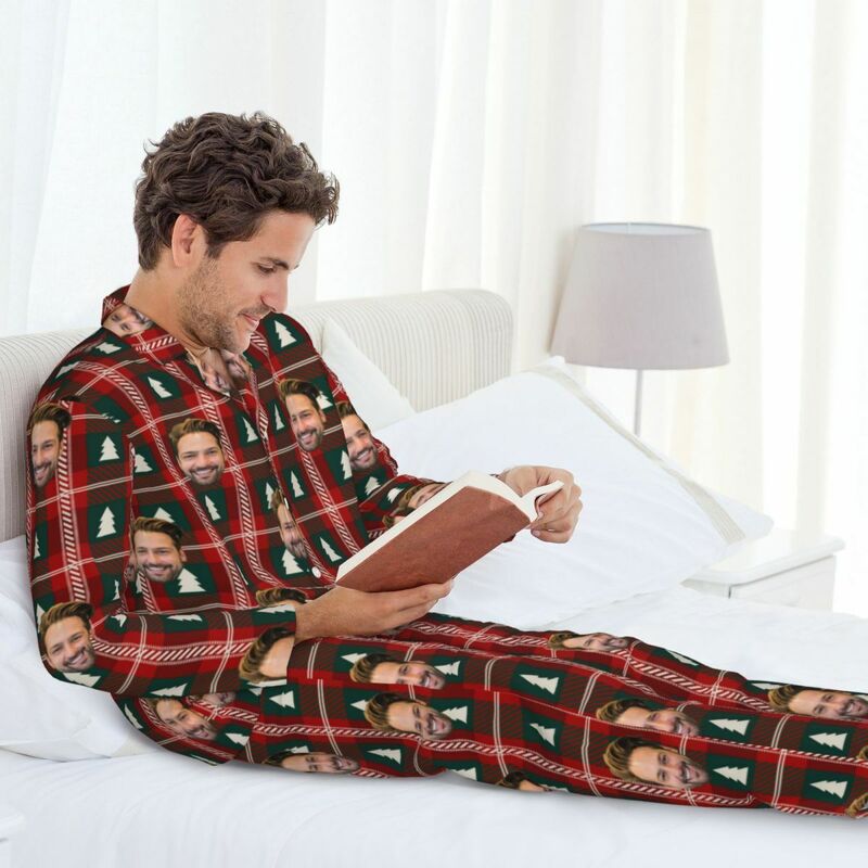 Pyjama personnalisé avec photo personnalisée et motif de sapin de Noël à carreaux rouges et noirs, cadeau pour lui