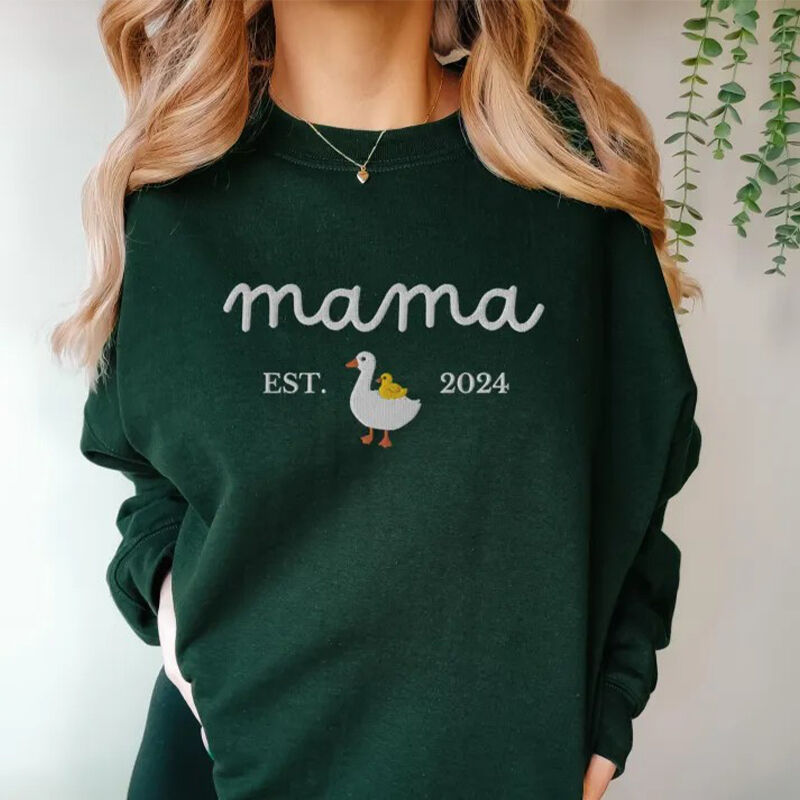 Personalized Sweatshirt Embroidered Mama Duck and Duckling Pattern Design Funny Mother's Day Gift