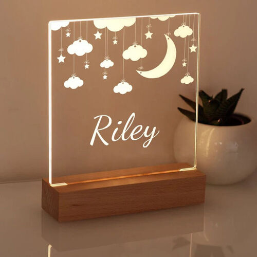 Personalized Wooden Acrylic Moon Cloud Custom Name Lamp for Girlfriend
