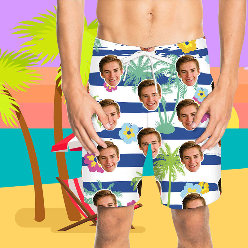 Custom Face Sky Blue Coconut Tree Men's Beach Shorts