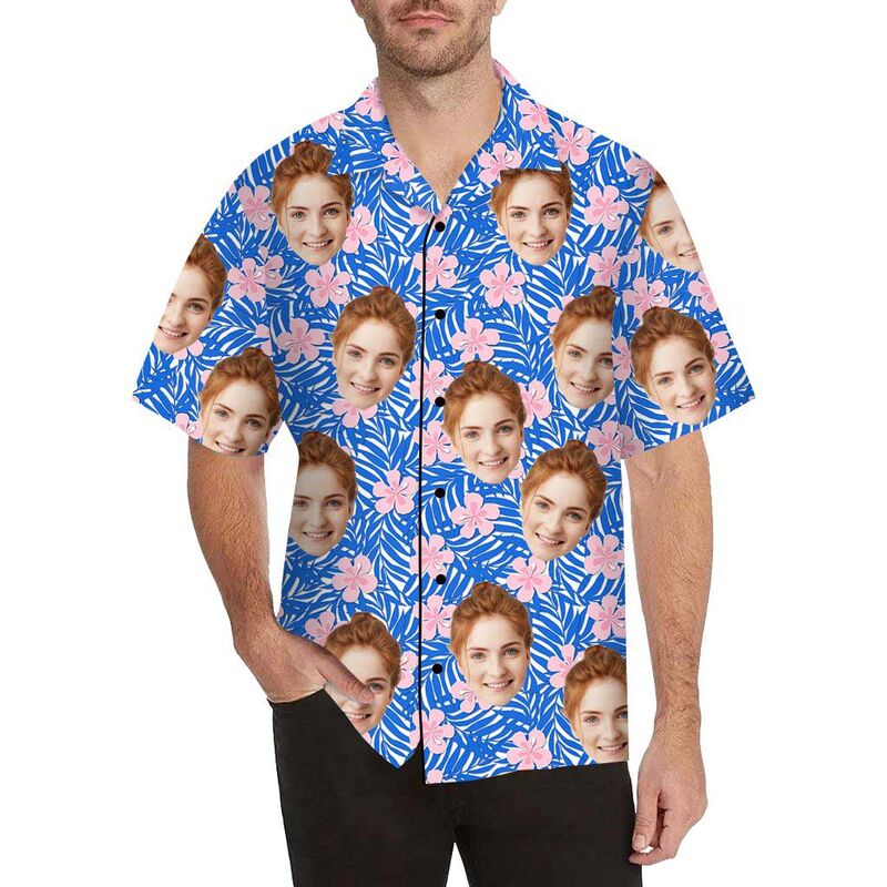 Chemise hawaïenne pour homme à impression intégrale, visage personnalisé, fleurs roses et feuilles bleues