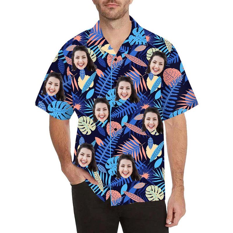Chemise hawaïenne à impression intégrale pour hommes, avec mélange de visages et de feuilles colorées