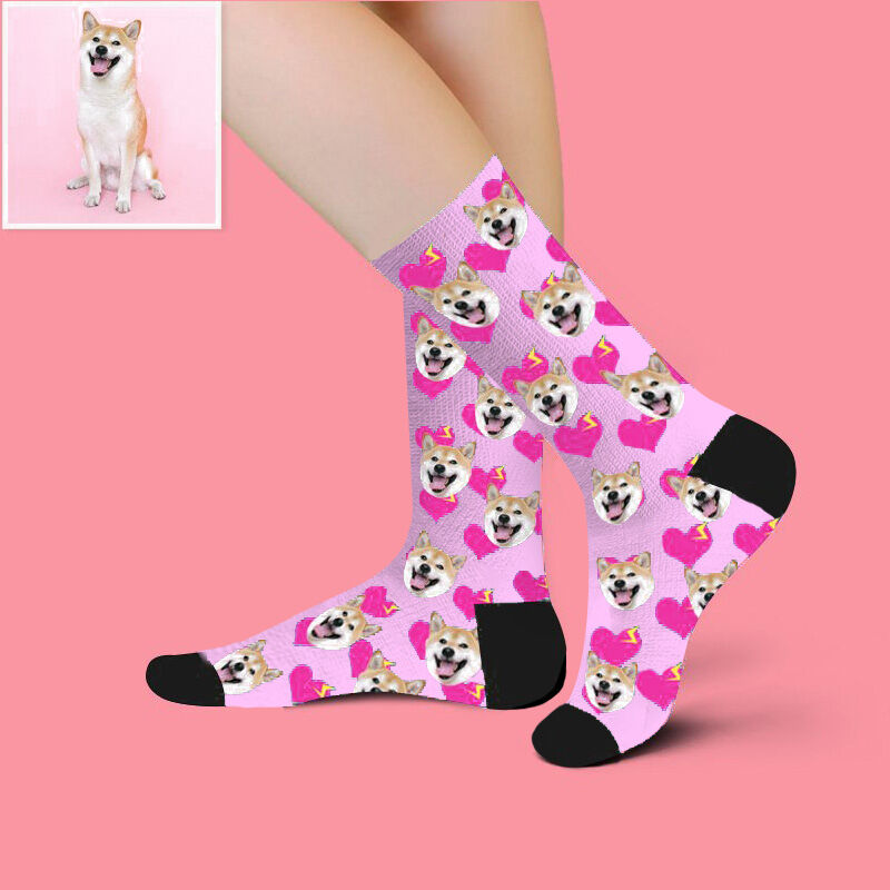Personalized Pet Face Picture Socks Printed with Hot Pink Hearts