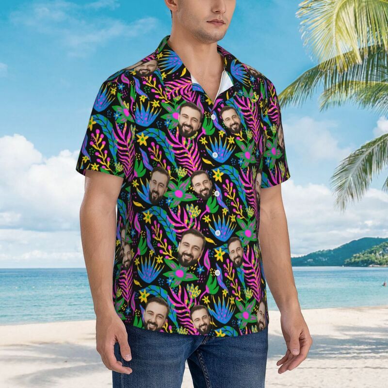 Camicia hawaiana personalizzata da uomo con stampa a foglie colorate