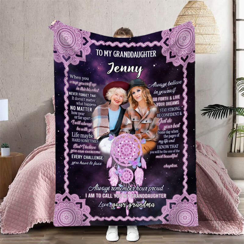 Personalized Picture Blanket with Purple Dream Catcher Pattern Creative Gift for Granddaughter