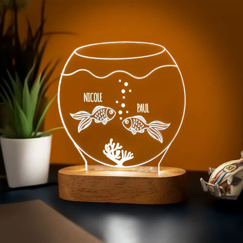 Personalized Wooden Acrylic Fish Tank Shape Gift Custom Couple Name Lamp