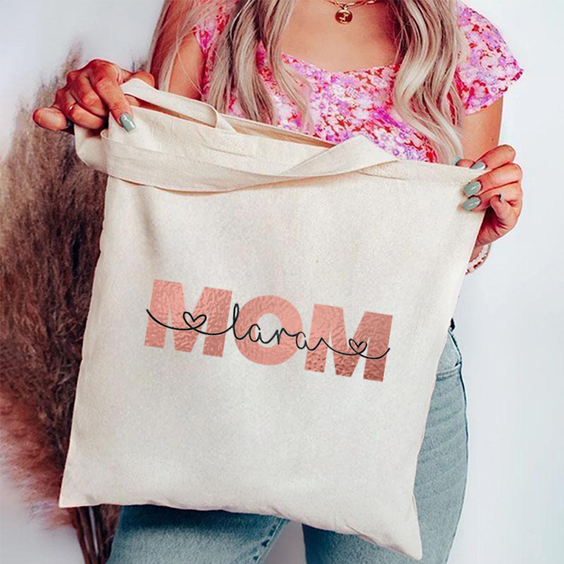 Personalized Mom Canvas Bag with Rose Gold MOM Custom Name