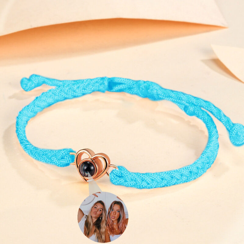 Personalized Heart Photo Projection Blue String Bracelet Gift