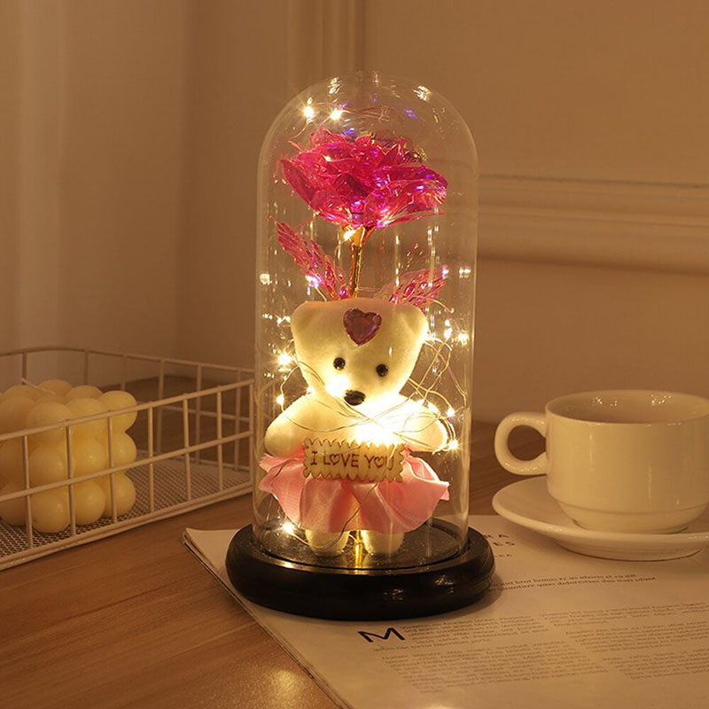 Pantalla de cristal rosa galaxia flor preservada oso luz de noche de regalo