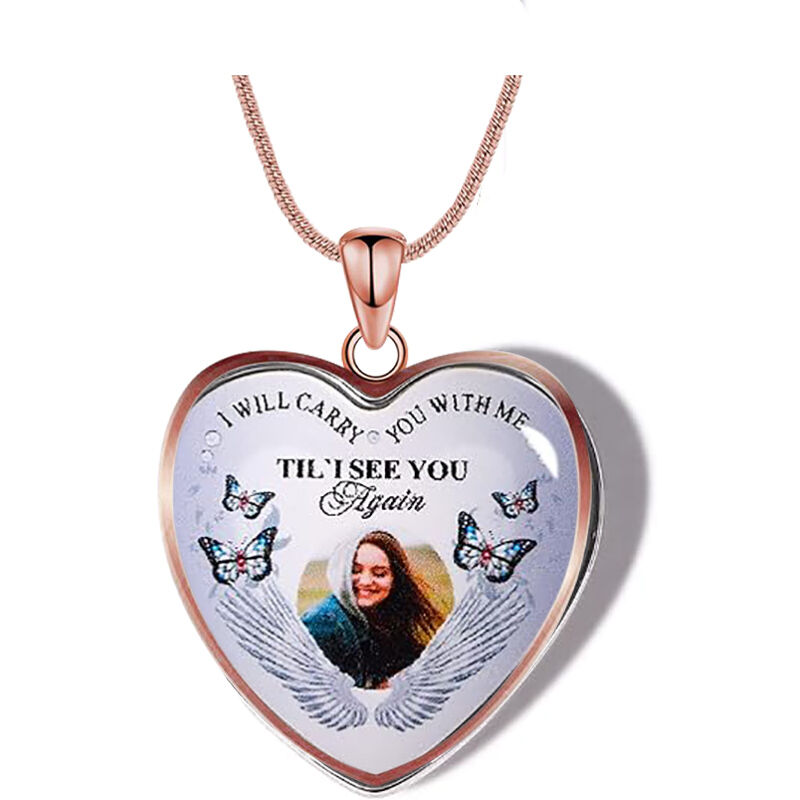 Collar conmemorativo de mascotas en forma de corazón con foto de círculo personalizada y mariposas