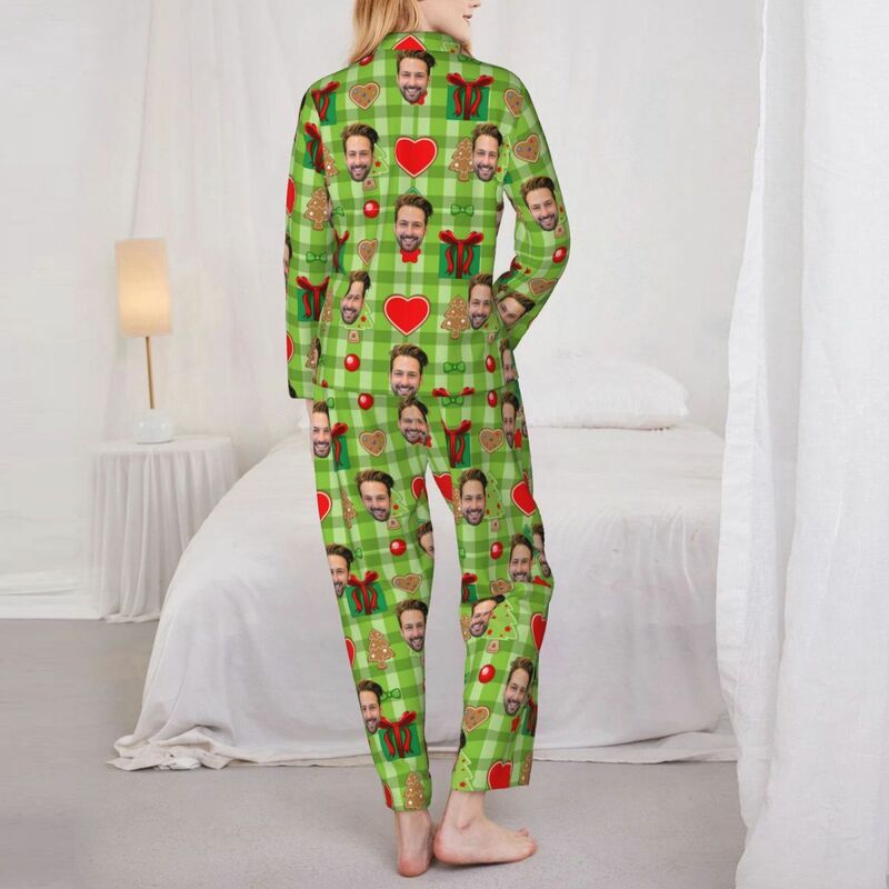 Pyjama personnalisé Photo personnalisée Élément de Noël Icônes Motif de style vert Cadeau pour la famille