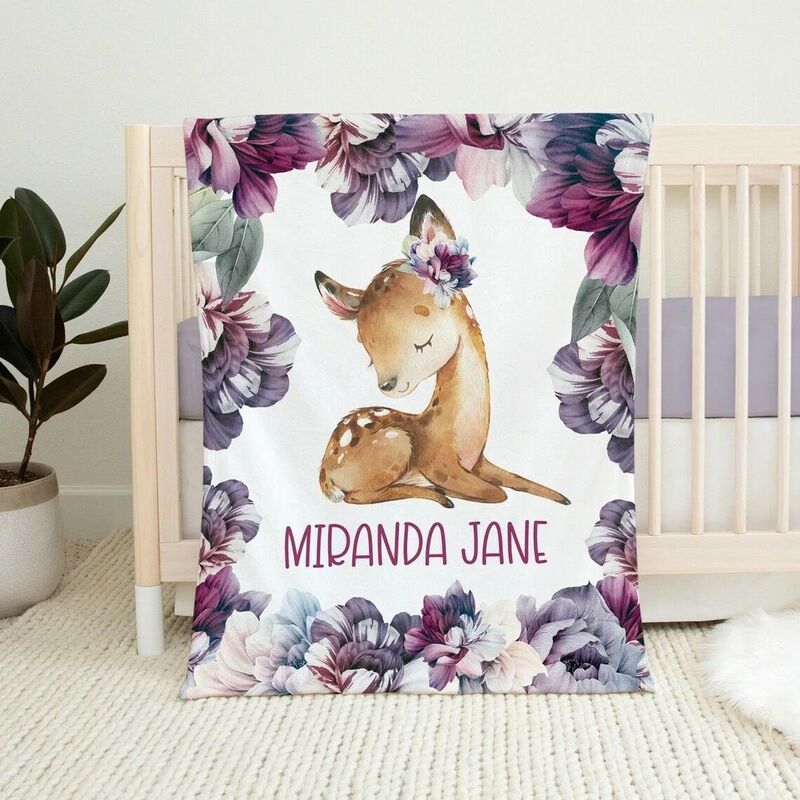 Personalized Name Blanket with Fawn and Flowers Pattern