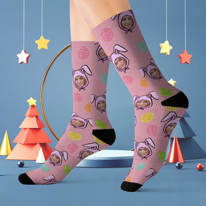 Custom Face Picture Socks Printed with Cute Bunny Ears for Family