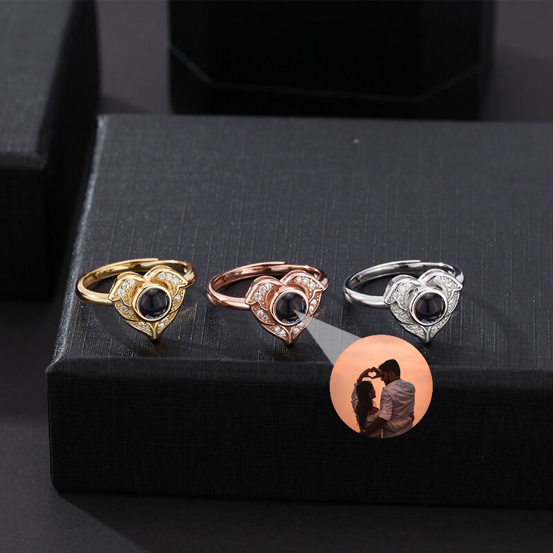 Personalisierte Herz Foto Projektion Ring mit Diamant für Geburtstag