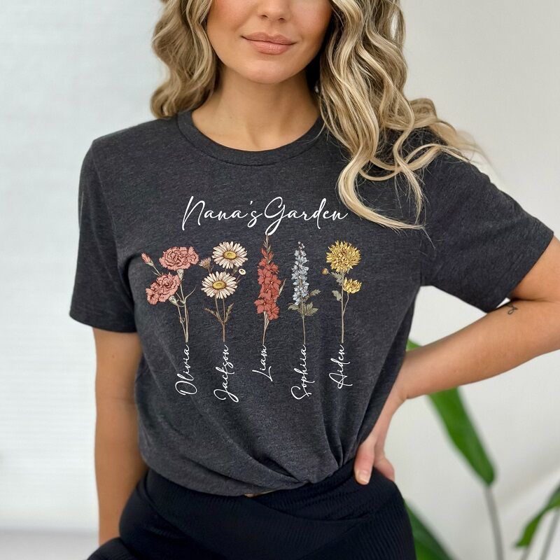 Personalized T-shirt Nana's Garden Birth Flower with Custom Names Perfect Gift for Mother's Day