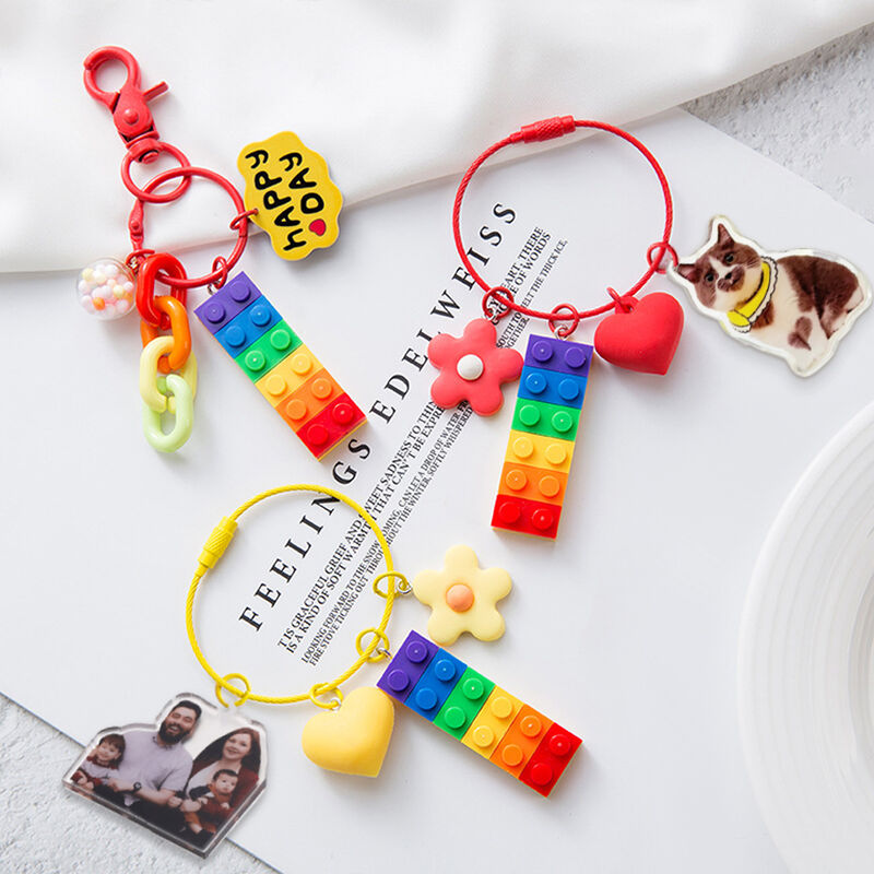 Personalized Acrylic Photo Keychain With Building Blocks Decoration Gift