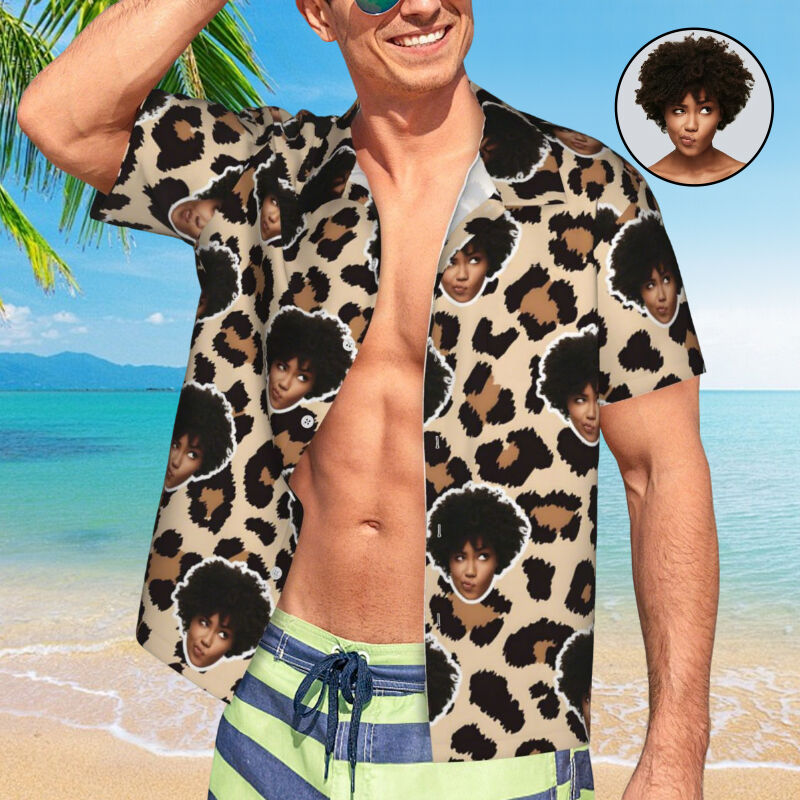 Chemise hawaïenne personnalisée avec imprimé léopard manches courtes pour couples pour anniversaire