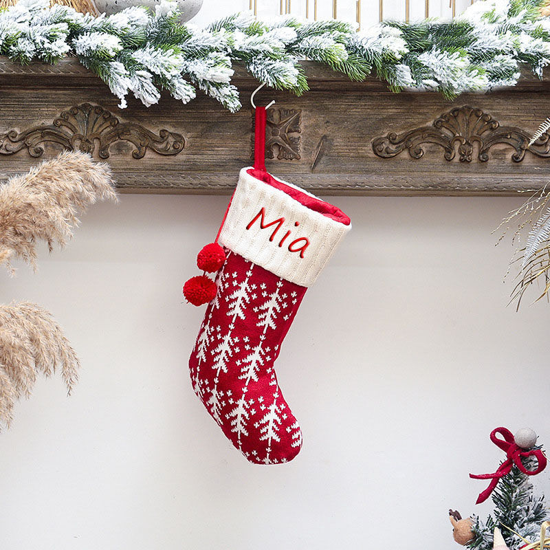 Calcetín navideño chimenea personalizado de árbol de navidad rojo de punto