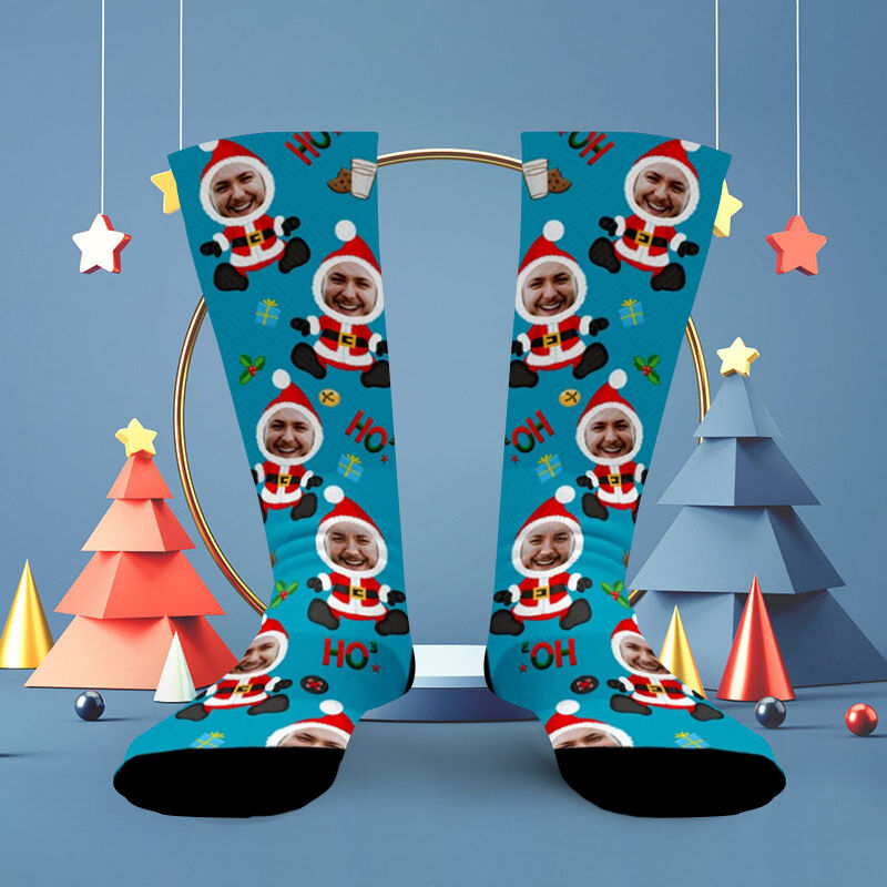 "HO!" Custom Face Picture Socks  Printed with Santa for Christmas